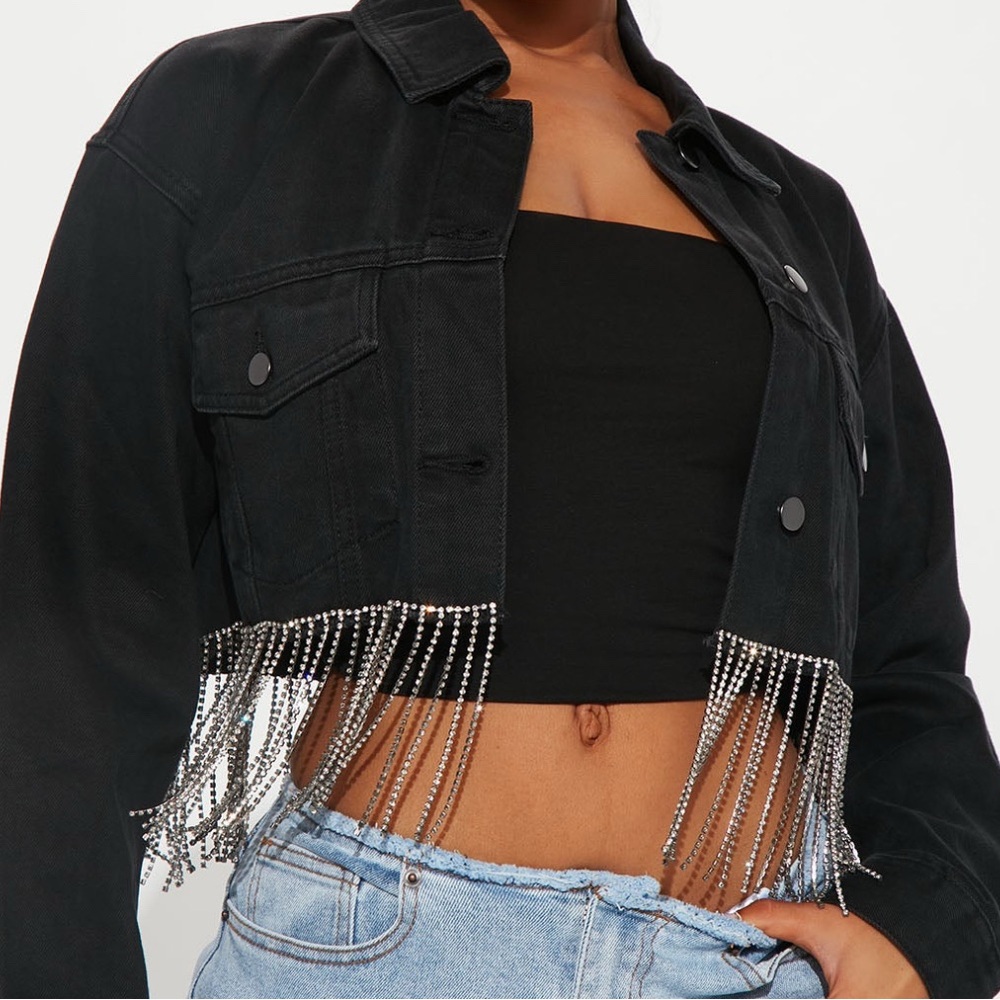 Fashion nova denim fringe embellished crop jacket size small new